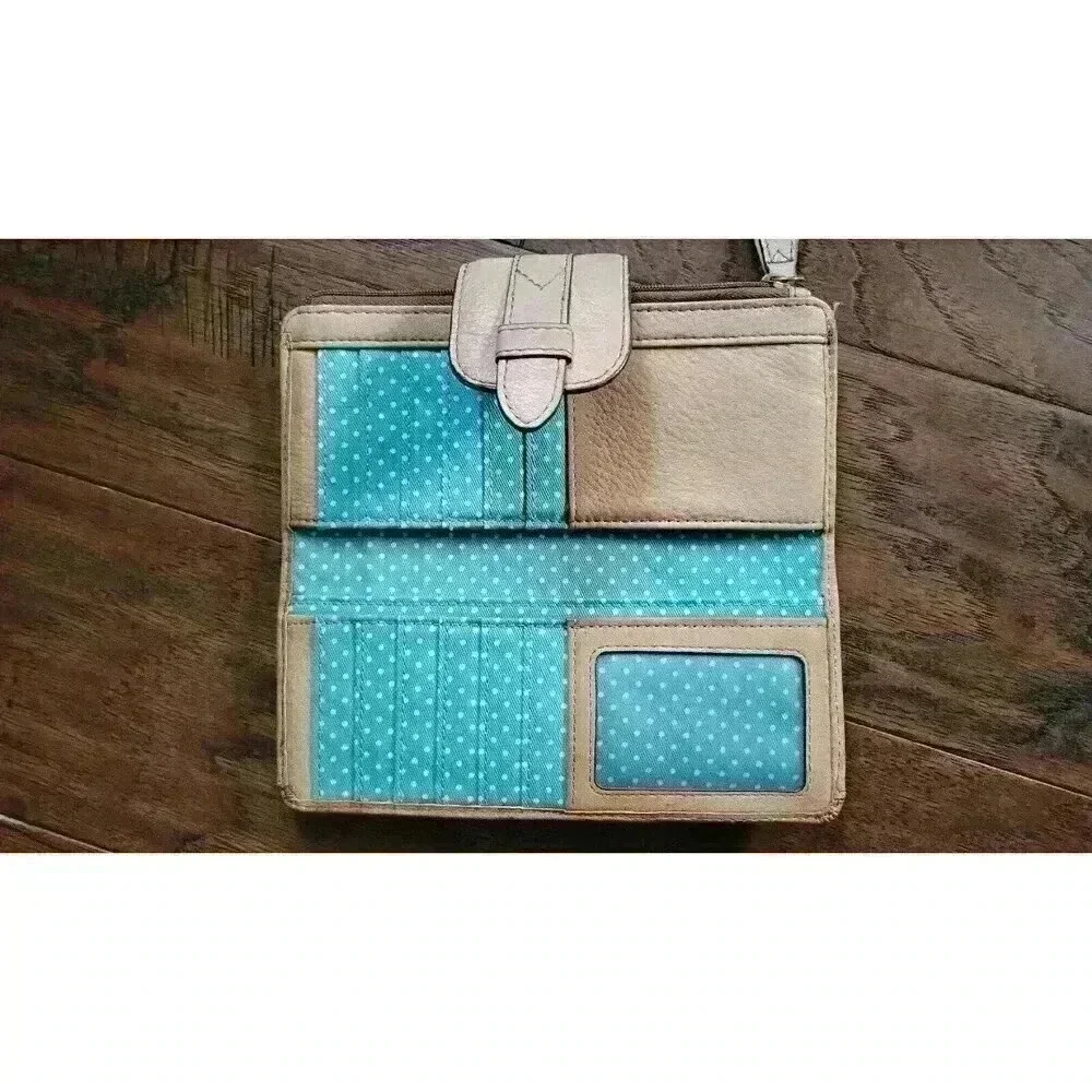 Vintage FOSSIL Key-hole Brown Beige Leather Snap Closure Wallet